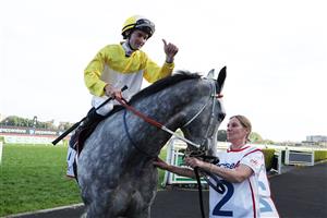 SYDNEY, AUSTRALIA - OCTOBER 04: Tyler Schiller riding Briasa 
 win Race 7 Precise Air Premiere Stakes during Sydney Racing at Royal Randwick Racecourse on October 04, 2025 in Sydney, Australia. (Photo by Jeremy Ng/Getty Images)