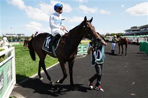 SYDNEY, AUSTRALIA - OCTOBER 04: Tim Clark riding Shiki win Race 3 Keeneland Gimcrack Stakes during Sydney Racing at Royal Randwick Racecourse on October 04, 2025 in Sydney, Australia. (Photo by Jeremy Ng/Getty Images)