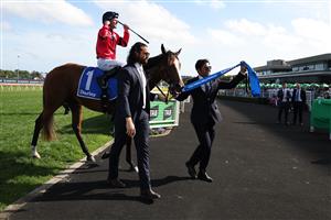 SYDNEY, AUSTRALIA - OCTOBER 04: Tommy Berry riding Apocalyptic  win Race 6 Darley Flight Stakes during Sydney Racing at Royal Randwick Racecourse on October 04, 2025 in Sydney, Australia. (Photo by Jeremy Ng/Getty Images)