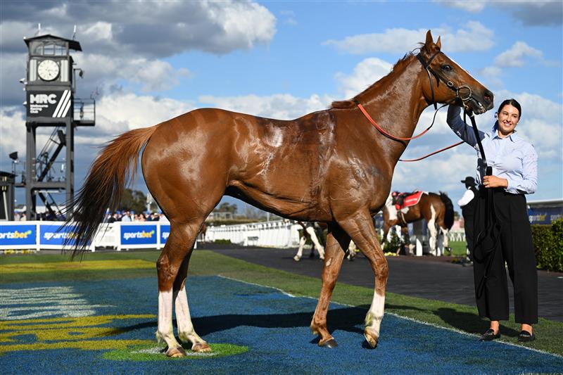 MELBOURNE, AUSTRALIA - OCTOBER 11: Lydia Rigg-Floyd poses with Giga Kick after winning Race 9, the Henley Homes Schillaci Stakes during Melbourne Racing at Caulfield Racecourse on October 11, 2025 in Melbourne, Australia. (Photo by Vince Caligiuri/Getty Images)