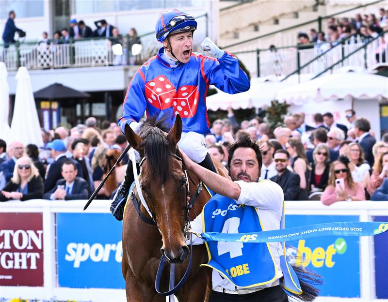 MELBOURNE, AUSTRALIA - OCTOBER 11: Blake Shinn riding Globe after winning Race 6, the Sportsbet Might And Power during Melbourne Racing at Caulfield Racecourse on October 11, 2025 in Melbourne, Australia. (Photo by Vince Caligiuri/Getty Images)