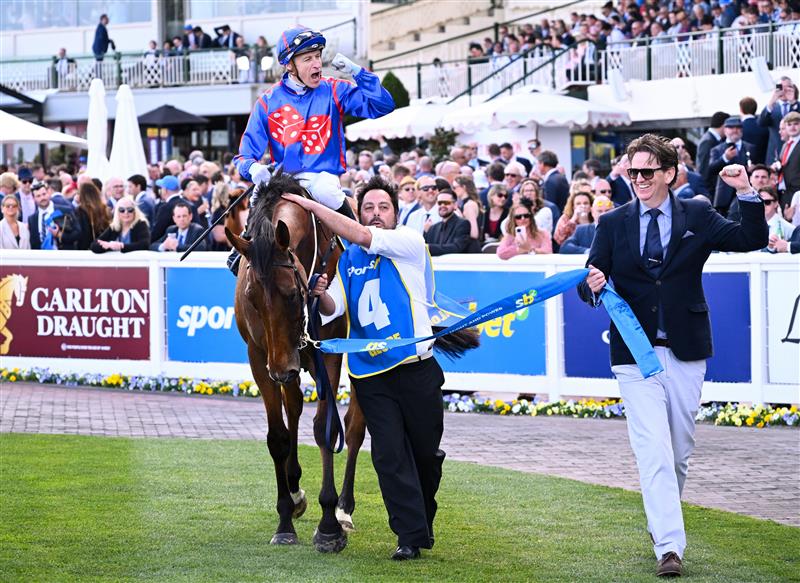 MELBOURNE, AUSTRALIA - OCTOBER 11: Blake Shinn riding Globe after winning Race 6, the Sportsbet Might And Power during Melbourne Racing at Caulfield Racecourse on October 11, 2025 in Melbourne, Australia. (Photo by Vince Caligiuri/Getty Images)
