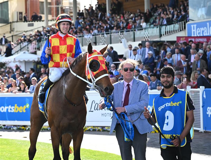 MELBOURNE, AUSTRALIA - OCTOBER 11: Damian Lane riding Autumn Boy after winning Race 8, the Sportsbet Caulfield Guineas during Melbourne Racing at Caulfield Racecourse on October 11, 2025 in Melbourne, Australia. (Photo by Vince Caligiuri/Getty Images)