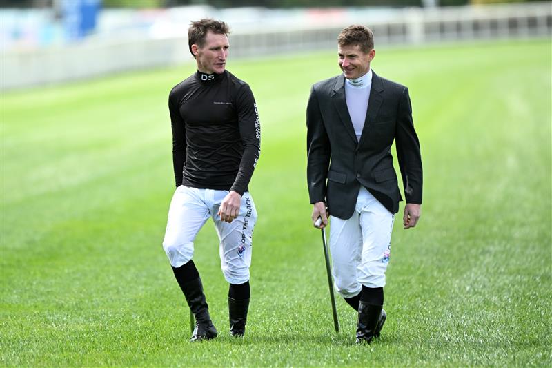 MELBOURNE, AUSTRALIA - OCTOBER 11: Daniel Stackhouse and James McDonald walk the track during Melbourne Racing at Caulfield Racecourse on October 11, 2025 in Melbourne, Australia. (Photo by Vince Caligiuri/Getty Images)