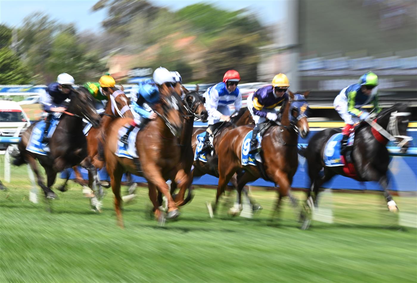 MELBOURNE, AUSTRALIA - OCTOBER 11: General view of horse  (shot with slower shutter speed) during Melbourne Racing at Caulfield Racecourse on October 11, 2025 in Melbourne, Australia. (Photo by Vince Caligiuri/Getty Images)
