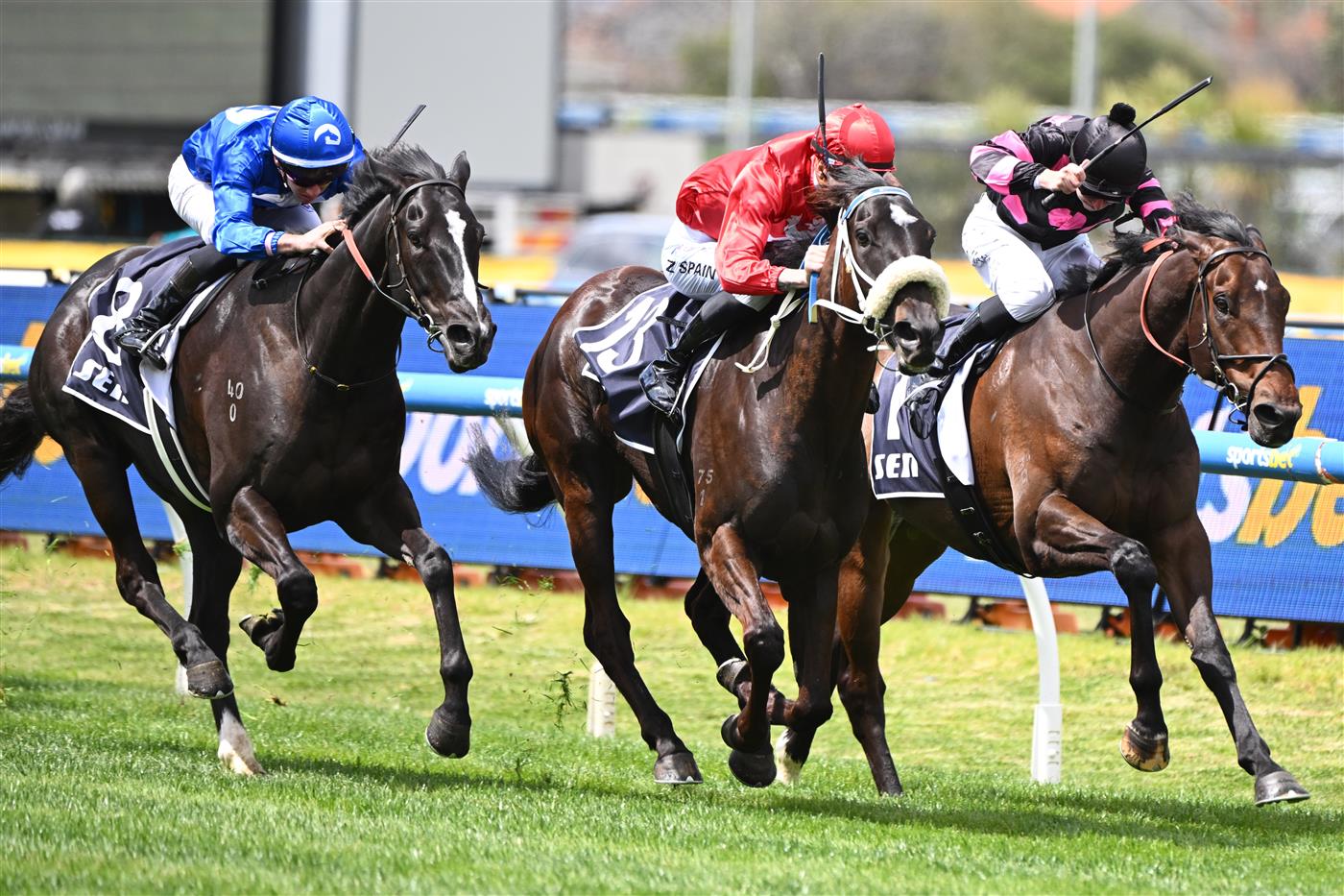 MELBOURNE, AUSTRALIA - OCTOBER 11: Zac Spain riding Blindedbythelight defeats Al Duca (r) and Nearing Liberty (L) in Race 1, the Sen Handicap during Melbourne Racing at Caulfield Racecourse on October 11, 2025 in Melbourne, Australia. (Photo by Vince Caligiuri/Getty Images)