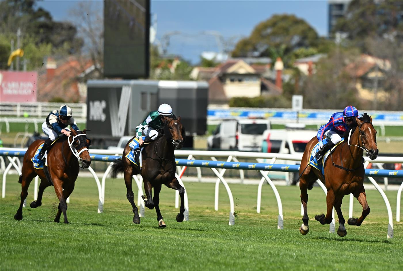 MELBOURNE, AUSTRALIA - OCTOBER 11: Blake Shinn riding Globe defeats Treasurethe Moment and Buckaroo in Race 6, the Sportsbet Might And Power during Melbourne Racing at Caulfield Racecourse on October 11, 2025 in Melbourne, Australia. (Photo by Vince Caligiuri/Getty Images)