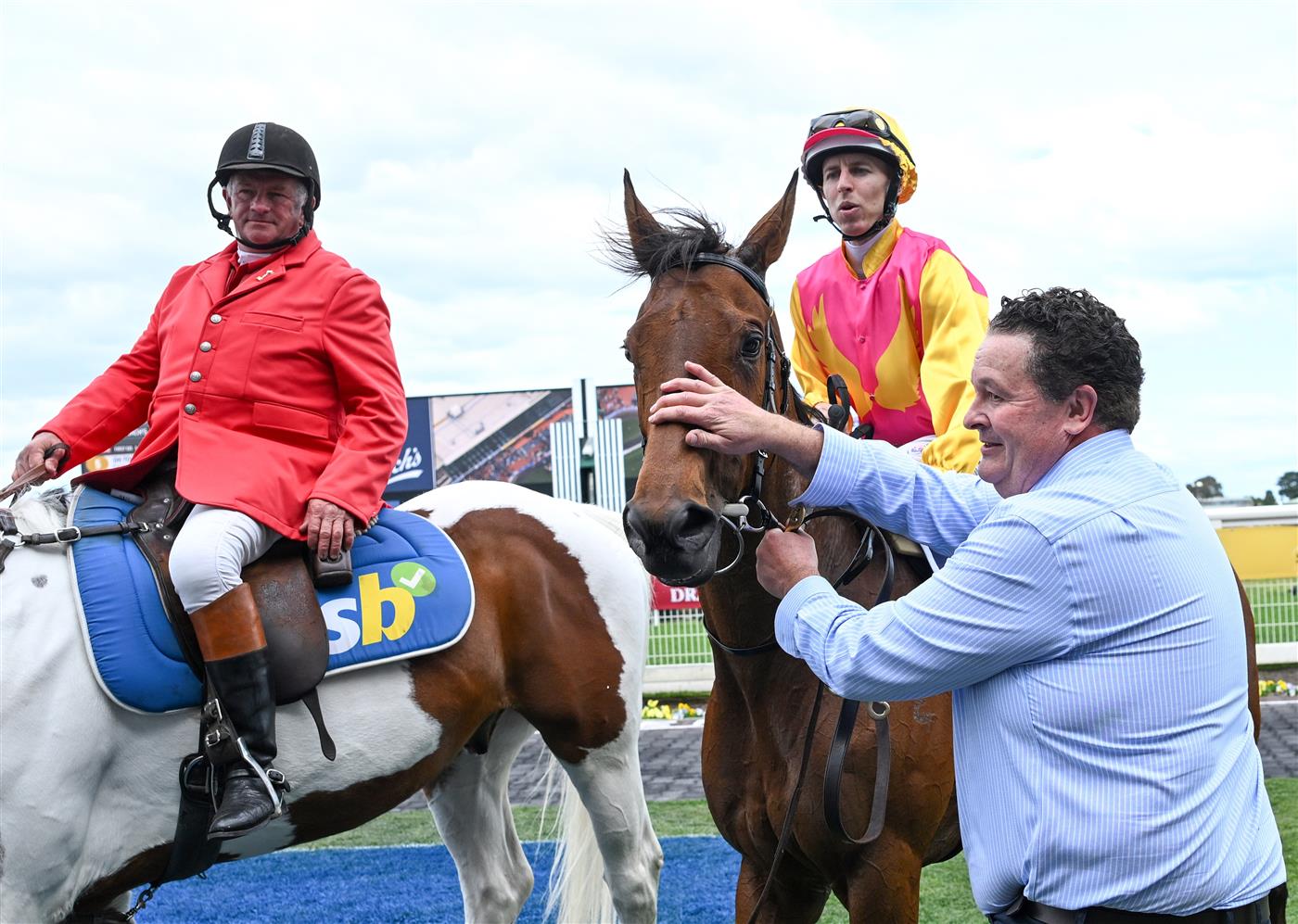 MELBOURNE, AUSTRALIA - OCTOBER 11: Damian Lane riding Oh Too Good and trainer Kevin Daffy after winning Race 4, the Catanach's Jewellers Vase. (Getty)