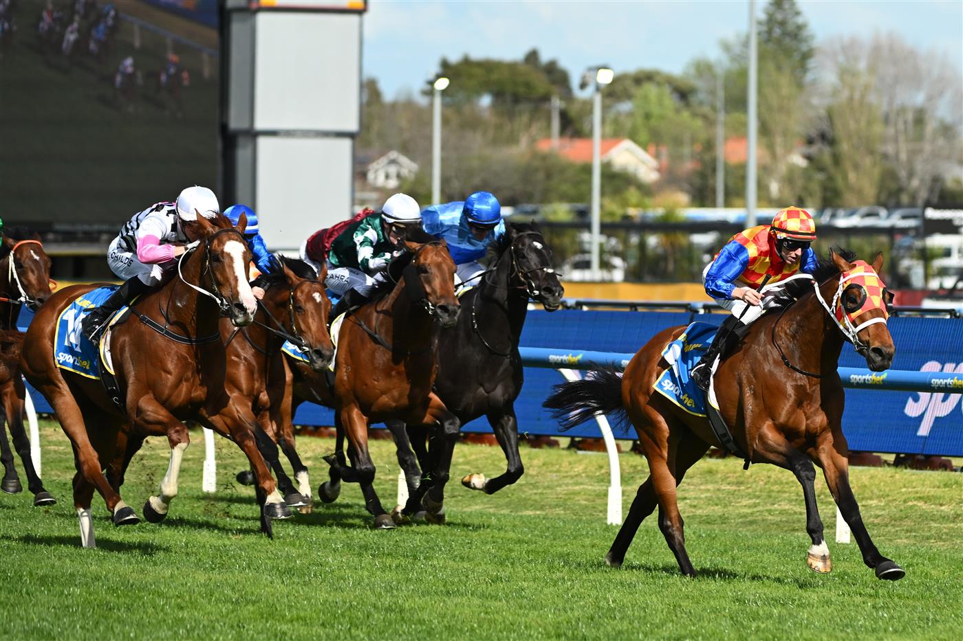 MELBOURNE, AUSTRALIA - OCTOBER 11: Damian Lane riding Autumn Boy defeats Planet Red in Race 8, the Sportsbet Caulfield Guineas during Melbourne Racing at Caulfield Racecourse on October 11, 2025 in Melbourne, Australia. (Photo by Vince Caligiuri/Getty Images)