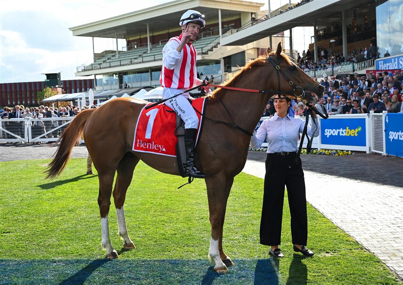 MELBOURNE, AUSTRALIA - OCTOBER 11: Mark Zahra riding Giga Kick after winning Race 9, the Henley Homes Schillaci Stakes during Melbourne Racing at Caulfield Racecourse on October 11, 2025 in Melbourne, Australia. (Photo by Vince Caligiuri/Getty Images)