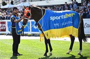 MELBOURNE, AUSTRALIA - OCTOBER 11: Autumn Boy after winning Race 8, the Sportsbet Caulfield Guineas during Melbourne Racing at Caulfield Racecourse on October 11, 2025 in Melbourne, Australia. (Photo by Vince Caligiuri/Getty Images)