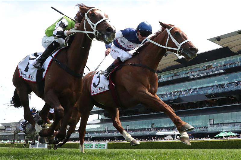 SYDNEY, AUSTRALIA - OCTOBER 18: Zac Lloyd riding Travolta win Race 2 Delta Building Automation St Leger Stakes during Sydney Racing at Royal Randwick Racecourse on October 18, 2025 in Sydney, Australia. (Photo by Jeremy Ng/Getty Images)