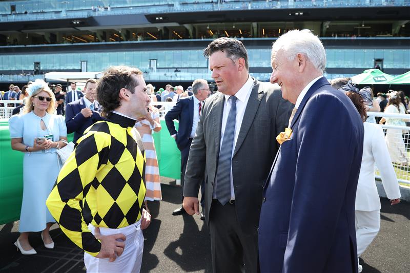 SYDNEY, AUSTRALIA - OCTOBER 18: Trainer Paul Messara celebrates after Tyler Schiller riding  Clear Thinking  win Race 5 The Kosciuszko during Sydney Racing at Royal Randwick Racecourse on October 18, 2025 in Sydney, Australia. (Photo by Jeremy Ng/Getty Images)
