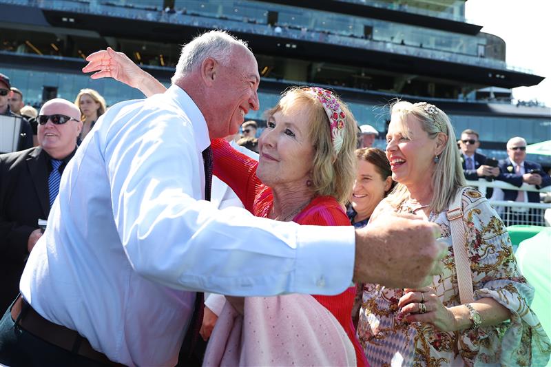 SYDNEY, AUSTRALIA - OCTOBER 18: Trainer Robert Heathcote celebrates after Zac Purton riding Rothfire  win Race 6 Toyota Forklifts Sydney Stakes during Sydney Racing at Royal Randwick Racecourse on October 18, 2025 in Sydney, Australia. (Photo by Jeremy Ng/Getty Images)