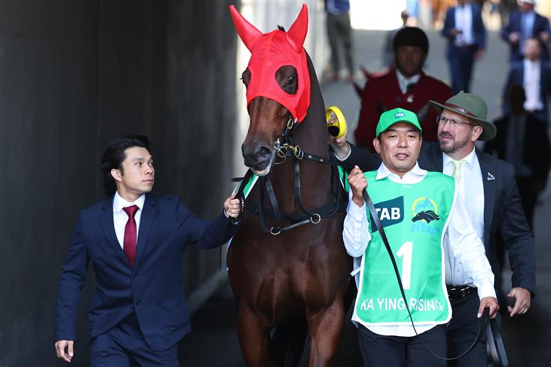 SYDNEY, AUSTRALIA - OCTOBER 18: Zac Purton riding Ka Ying Rising  prepares for Race 7  The TAB Everest during Sydney Racing at Royal Randwick Racecourse on October 18, 2025 in Sydney, Australia. (Photo by Jeremy Ng/Getty Images)