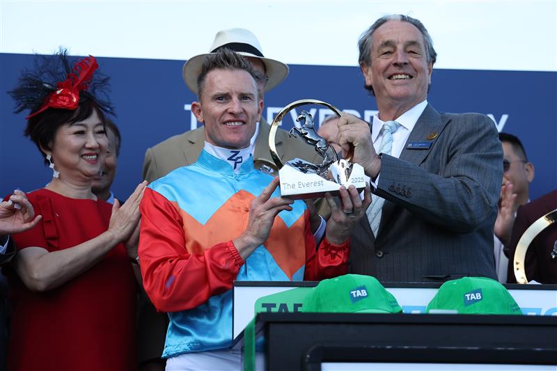 SYDNEY, AUSTRALIA - OCTOBER 18: Zac Purton riding Ka Ying Rising  win Race 7  The TAB Everest during Sydney Racing at Royal Randwick Racecourse on October 18, 2025 in Sydney, Australia. (Photo by Jeremy Ng/Getty Images)