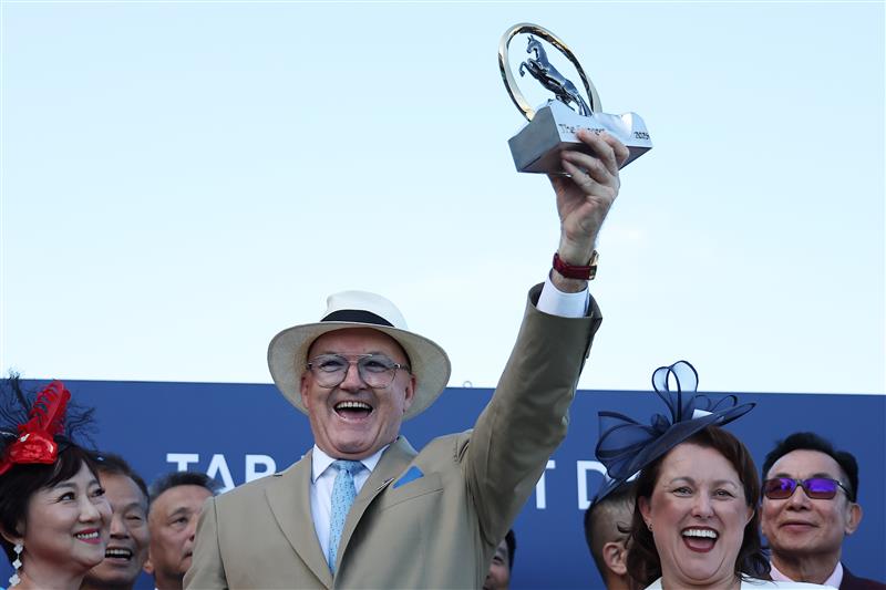 SYDNEY, AUSTRALIA - OCTOBER 18: Zac Purton riding Ka Ying Rising  win Race 7  The TAB Everest during Sydney Racing at Royal Randwick Racecourse on October 18, 2025 in Sydney, Australia. (Photo by Jeremy Ng/Getty Images)
