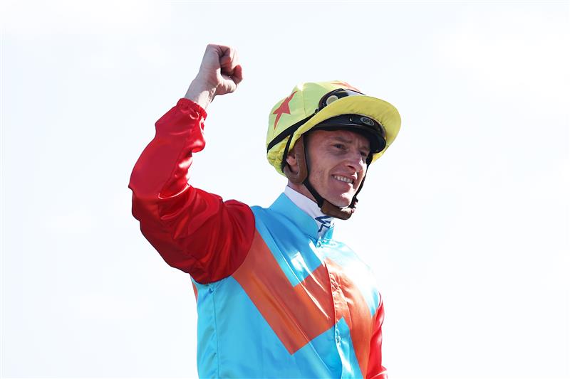 SYDNEY, AUSTRALIA - OCTOBER 18: Zac Purton riding Ka Ying Rising  win Race 7  The TAB Everest during Sydney Racing at Royal Randwick Racecourse on October 18, 2025 in Sydney, Australia. (Photo by Jeremy Ng/Getty Images)