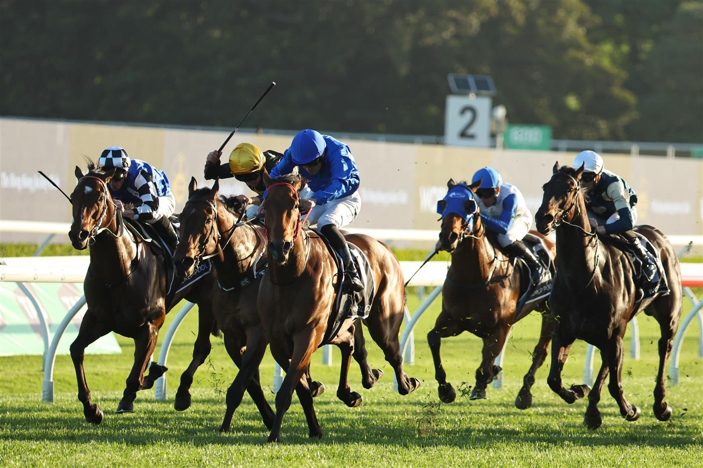 SYDNEY, AUSTRALIA - OCTOBER 18: Adam Hyeronimus riding Kerguelen win Race 10 The Hong Kong Jockey Club World Pool during Sydney Racing at Royal Randwick Racecourse on October 18, 2025 in Sydney, Australia. (Photo by Jeremy Ng/Getty Images)