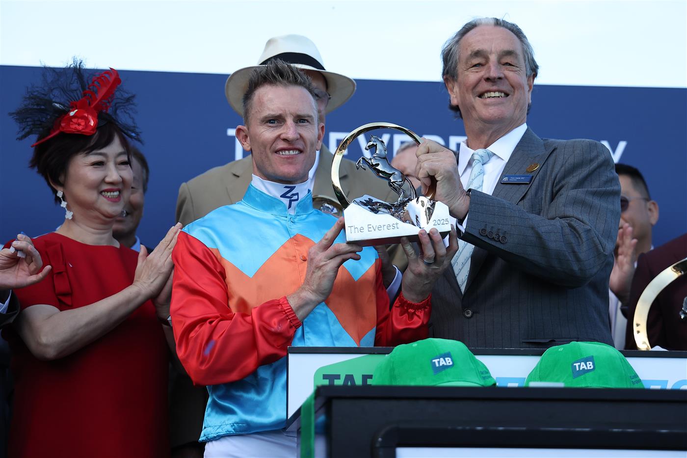 SYDNEY, AUSTRALIA - OCTOBER 18: Zac Purton riding Ka Ying Rising  win Race 7  The TAB Everest during Sydney Racing at Royal Randwick Racecourse on October 18, 2025 in Sydney, Australia. (Photo by Jeremy Ng/Getty Images)
