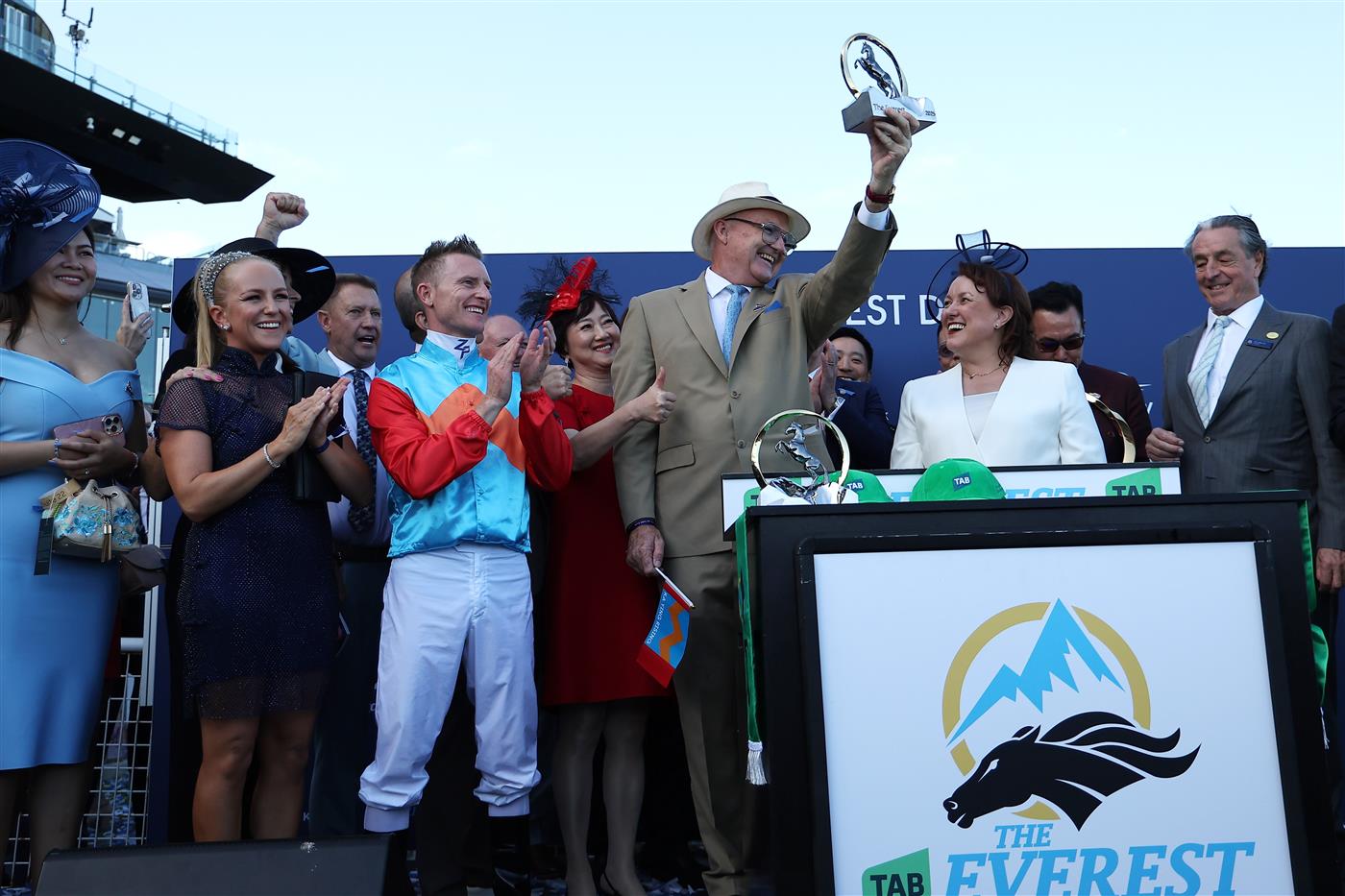 SYDNEY, AUSTRALIA - OCTOBER 18: Zac Purton riding Ka Ying Rising  win Race 7  The TAB Everest during Sydney Racing at Royal Randwick Racecourse on October 18, 2025 in Sydney, Australia. (Photo by Jeremy Ng/Getty Images)