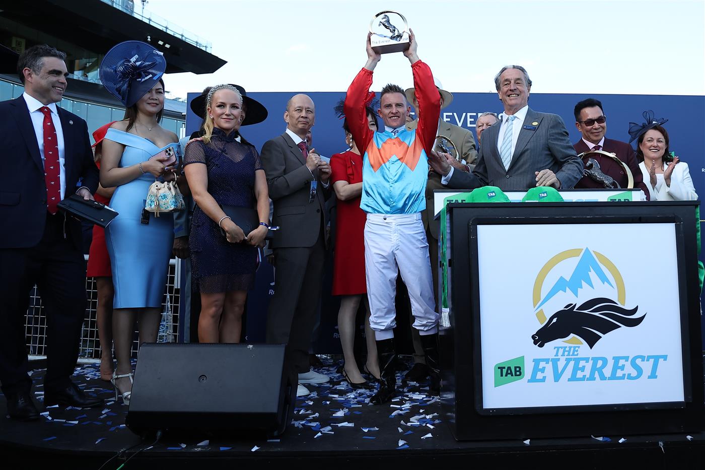 SYDNEY, AUSTRALIA - OCTOBER 18: Zac Purton riding Ka Ying Rising  win Race 7  The TAB Everest during Sydney Racing at Royal Randwick Racecourse on October 18, 2025 in Sydney, Australia. (Photo by Jeremy Ng/Getty Images)
