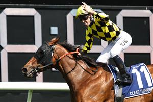 SYDNEY, AUSTRALIA - OCTOBER 18: Tyler Schiller riding  Clear Thinking  win Race 5 The Kosciuszko during Sydney Racing at Royal Randwick Racecourse on October 18, 2025 in Sydney, Australia. (Photo by Jeremy Ng/Getty Images)