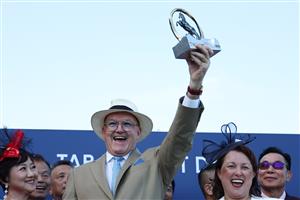 SYDNEY, AUSTRALIA - OCTOBER 18: Zac Purton riding Ka Ying Rising  win Race 7  The TAB Everest during Sydney Racing at Royal Randwick Racecourse on October 18, 2025 in Sydney, Australia. (Photo by Jeremy Ng/Getty Images)