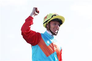 SYDNEY, AUSTRALIA - OCTOBER 18: Zac Purton riding Ka Ying Rising  win Race 7  The TAB Everest during Sydney Racing at Royal Randwick Racecourse on October 18, 2025 in Sydney, Australia. (Photo by Jeremy Ng/Getty Images)