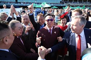 SYDNEY, AUSTRALIA - OCTOBER 18: Zac Purton riding Ka Ying Rising  win Race 7  The TAB Everest during Sydney Racing at Royal Randwick Racecourse on October 18, 2025 in Sydney, Australia. (Photo by Jeremy Ng/Getty Images)
