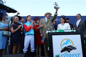 SYDNEY, AUSTRALIA - OCTOBER 18: Zac Purton riding Ka Ying Rising  win Race 7  The TAB Everest during Sydney Racing at Royal Randwick Racecourse on October 18, 2025 in Sydney, Australia. (Photo by Jeremy Ng/Getty Images)