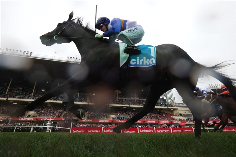 MELBOURNE, AUSTRALIA - OCTOBER 25: Logan Bates riding Jigsaw winning Race 8, the Cirka Mcewen Stakes during Cox Plate Day at Moonee Valley Racecourse on October 25, 2025 in Melbourne, Australia. (Photo by Robert Cianflone/Getty Images)