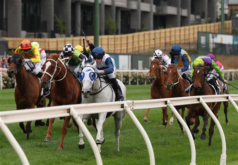 MELBOURNE, AUSTRALIA - OCTOBER 25: Ben Allen rides #1 Salty Pear during race four the Point Motors Fillies Classic during Cox Plate Day at Moonee Valley Racecourse on October 25, 2025 in Melbourne, Australia. (Photo by Robert Cianflone/Getty Images)