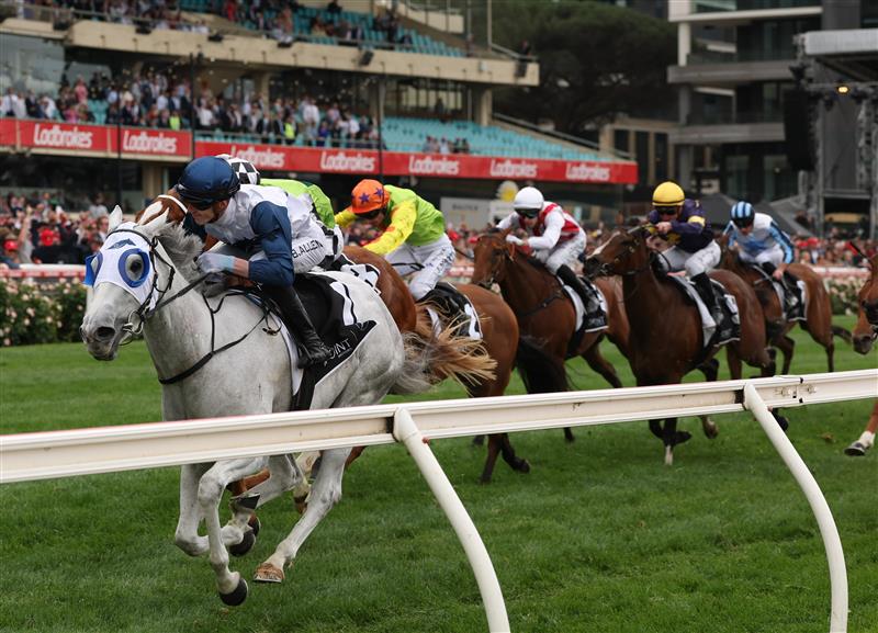 MELBOURNE, AUSTRALIA - OCTOBER 25: Ben Allen rides #1 Salty Pear during race four the Point Motors Fillies Classic during Cox Plate Day at Moonee Valley Racecourse on October 25, 2025 in Melbourne, Australia. (Photo by Robert Cianflone/Getty Images)