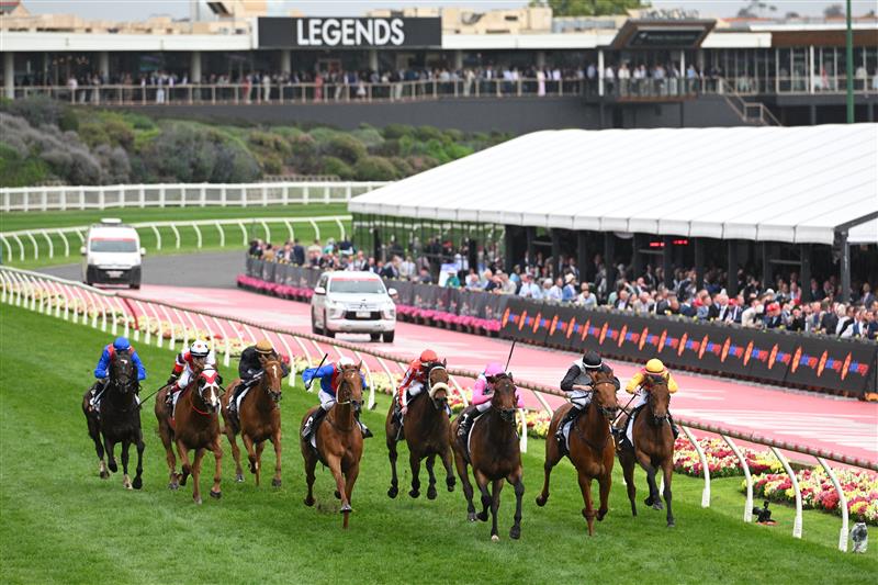 MELBOURNE, AUSTRALIA - OCTOBER 25: Ethan Brown riding Von Hauke winning Race 7, the Alinta Energy Crystal Mile during Cox Plate Day at Moonee Valley Racecourse on October 25, 2025 in Melbourne, Australia. (Photo by Vince Caligiuri/Getty Images)