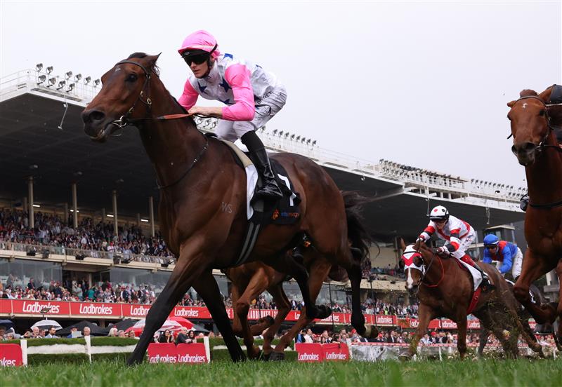 MELBOURNE, AUSTRALIA - OCTOBER 25: Ethan Brown riding Von Hauke winning Race 7, the Alinta Energy Crystal Mile during Cox Plate Day at Moonee Valley Racecourse on October 25, 2025 in Melbourne, Australia. (Photo by Robert Cianflone/Getty Images)