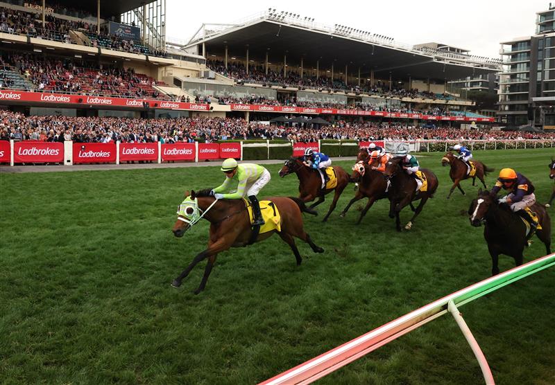 MELBOURNE, AUSTRALIA - OCTOBER 25: Jye McNeil riding Star of India winning Race 5, the Schweppes Jra Cup during Cox Plate Day at Moonee Valley Racecourse on October 25, 2025 in Melbourne, Australia. (Photo by Robert Cianflone/Getty Images)