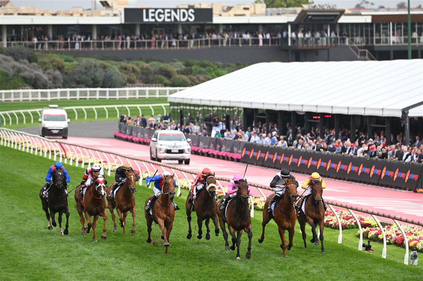 MELBOURNE, AUSTRALIA - OCTOBER 25: Ethan Brown riding Von Hauke winning Race 7, the Alinta Energy Crystal Mile during Cox Plate Day at Moonee Valley Racecourse on October 25, 2025 in Melbourne, Australia. (Photo by Vince Caligiuri/Getty Images)