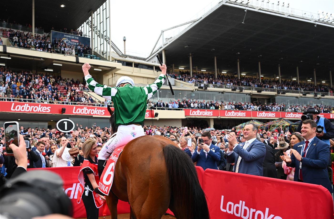 MELBOURNE, AUSTRALIA - OCTOBER 25: James McDonald riding Via Sistina after winning Race 10 , the Ladbrokes Cox Plate during Cox Plate Day at Moonee Valley Racecourse on October 25, 2025 in Melbourne, Australia. (Photo by Vince Caligiuri/Getty Images)
