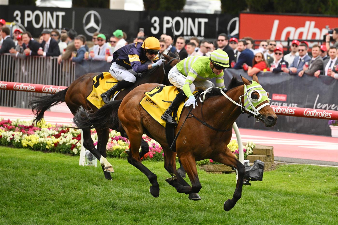 MELBOURNE, AUSTRALIA - OCTOBER 25: Jye McNeil riding Star of India winning Race 5, the Schweppes Jra Cup during Cox Plate Day at Moonee Valley Racecourse on October 25, 2025 in Melbourne, Australia. (Photo by Vince Caligiuri/Getty Images)