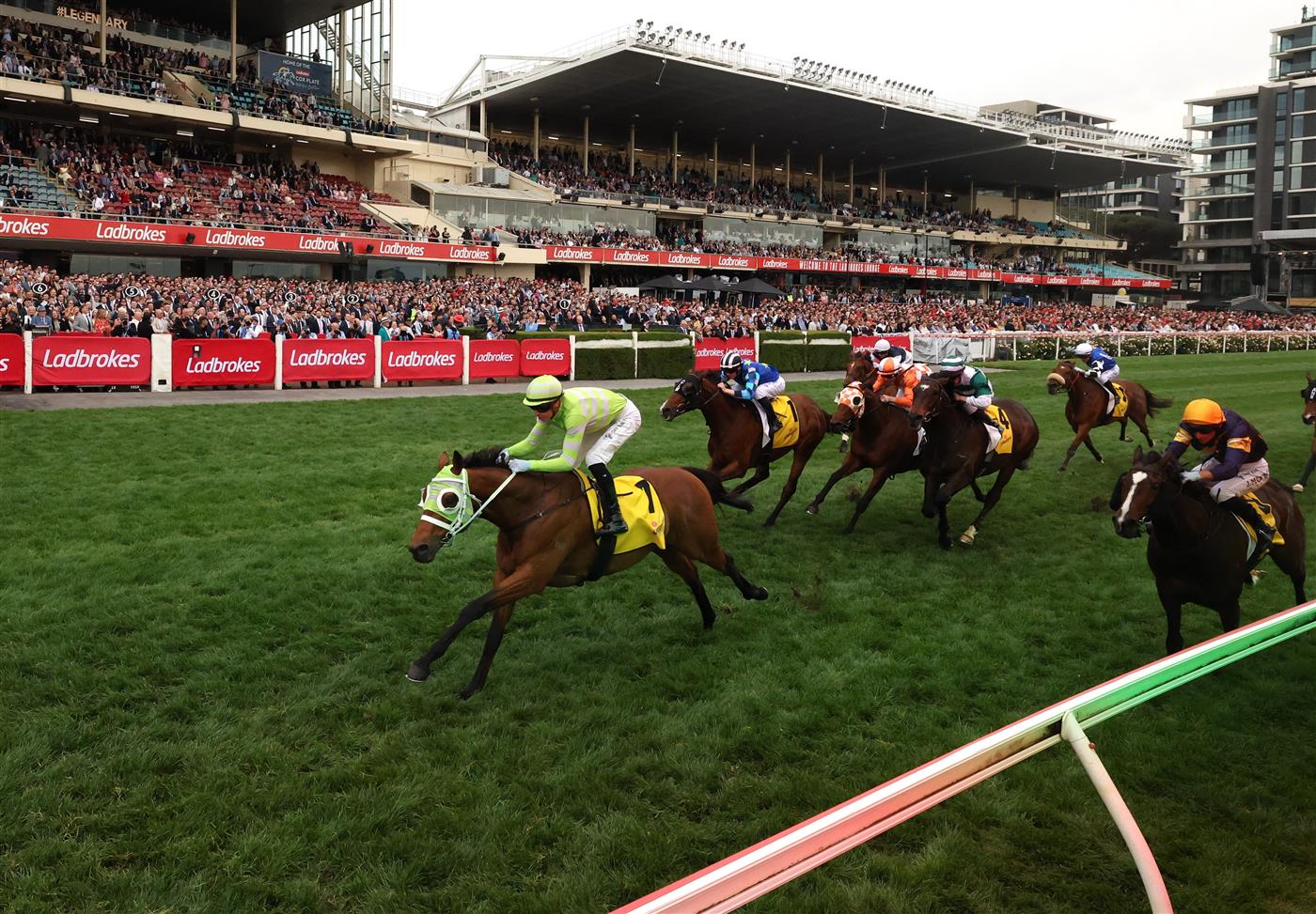 MELBOURNE, AUSTRALIA - OCTOBER 25: Jye McNeil riding Star of India winning Race 5, the Schweppes Jra Cup during Cox Plate Day at Moonee Valley Racecourse on October 25, 2025 in Melbourne, Australia. (Photo by Robert Cianflone/Getty Images)