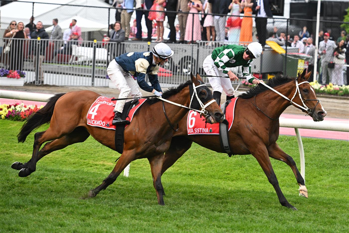 MELBOURNE, AUSTRALIA - OCTOBER 25: James McDonald riding Via Sistina defeats Mark Zahra riding Buckaroo and Damian Lane riding Treasurethe Moment in Race 10 , the Ladbrokes Cox Plate during Cox Plate Day at Moonee Valley Racecourse on October 25, 2025 in Melbourne, Australia. (Photo by Vince Caligiuri/Getty Images)
