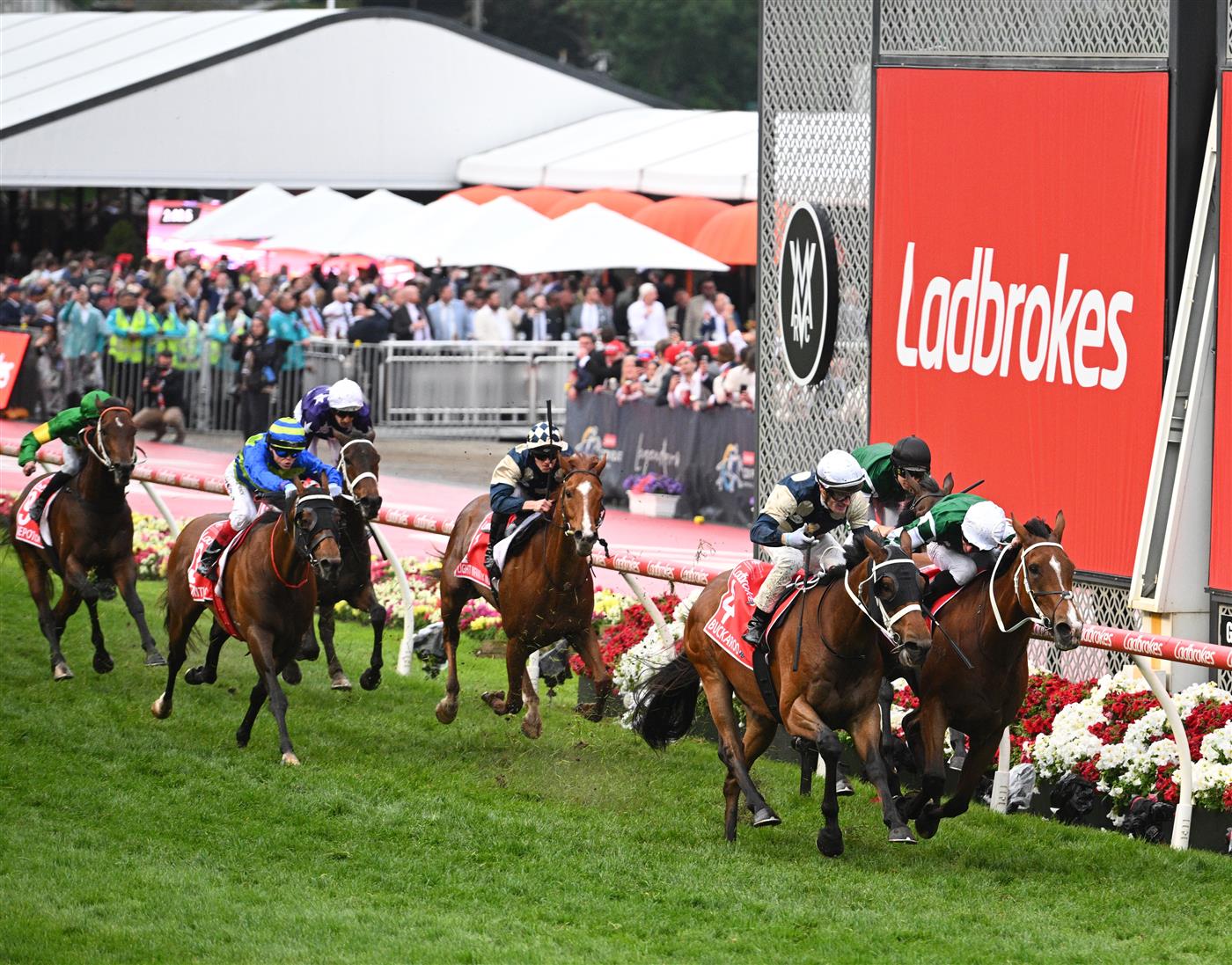 MELBOURNE, AUSTRALIA - OCTOBER 25: James McDonald riding Via Sistina defeats Mark Zahra riding Buckaroo to win Race 10 , the Ladbrokes Cox Plate during Cox Plate Day at Moonee Valley Racecourse on October 25, 2025 in Melbourne, Australia. (Photo by Vince Caligiuri/Getty Images)