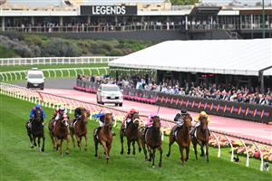 MELBOURNE, AUSTRALIA - OCTOBER 25: Ethan Brown riding Von Hauke winning Race 7, the Alinta Energy Crystal Mile during Cox Plate Day at Moonee Valley Racecourse on October 25, 2025 in Melbourne, Australia. (Photo by Vince Caligiuri/Getty Images)