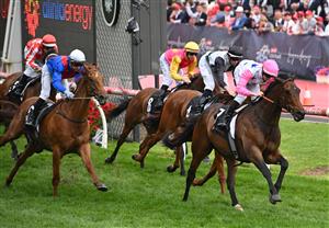 MELBOURNE, AUSTRALIA - OCTOBER 25: Ethan Brown riding Von Hauke winning Race 7, the Alinta Energy Crystal Mile during Cox Plate Day at Moonee Valley Racecourse on October 25, 2025 in Melbourne, Australia. (Photo by Vince Caligiuri/Getty Images)