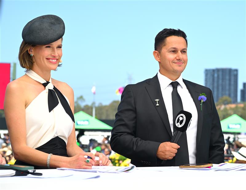 MELBOURNE, AUSTRALIA - NOVEMBER 01: Stephen Power (racing blogger) is seen talking on channel nine with Francesca Cumani during 2025 Derby Day at Flemington Racecourse on November 01, 2025 in Melbourne, Australia. (Photo by Vince Caligiuri/Getty Images)