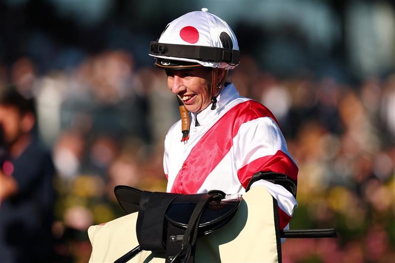 MELBOURNE, AUSTRALIA - NOVEMBER 01: Carleen Hefel celebrates riding New York Lustre to win race nine the Kirin Ichiban Sprint during 2025 Derby Day at Flemington Racecourse on November 01, 2025 in Melbourne, Australia. (Photo by Morgan Hancock/Getty Images)