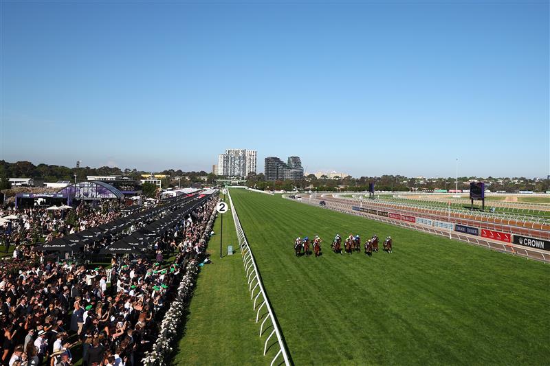 MELBOURNE, AUSTRALIA - NOVEMBER 01: A general view as Carleen Hefel rides New York Lustre to win race nine the Kirin Ichiban Sprint during 2025 Derby Day at Flemington Racecourse on November 01, 2025 in Melbourne, Australia. (Photo by Morgan Hancock/Getty Images)