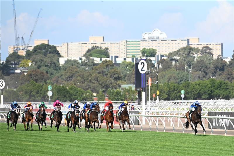 MELBOURNE, AUSTRALIA - NOVEMBER 01: Declan Bates riding Pride of Jenni winning Race 8, the Tab Empire Rose Stakes during 2025 Derby Day at Flemington Racecourse on November 01, 2025 in Melbourne, Australia. (Photo by Vince Caligiuri/Getty Images)
