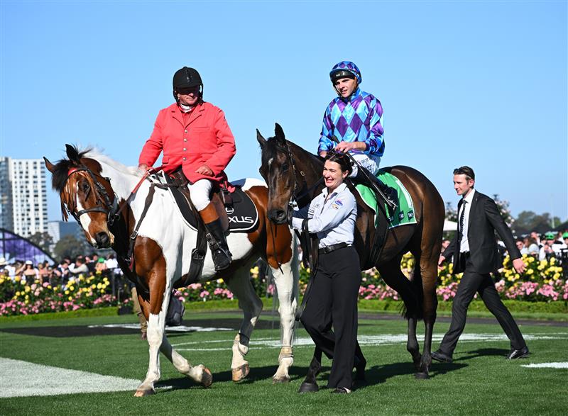 MELBOURNE, AUSTRALIA - NOVEMBER 01: Declan Bates riding Pride of Jenni after winning Race 8, the Tab Empire Rose Stakes during 2025 Derby Day at Flemington Racecourse on November 01, 2025 in Melbourne, Australia. (Photo by Vince Caligiuri/Getty Images)